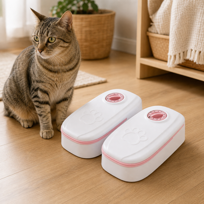 Blush pink timed pet feeder with dual timer lids in a warm home setting