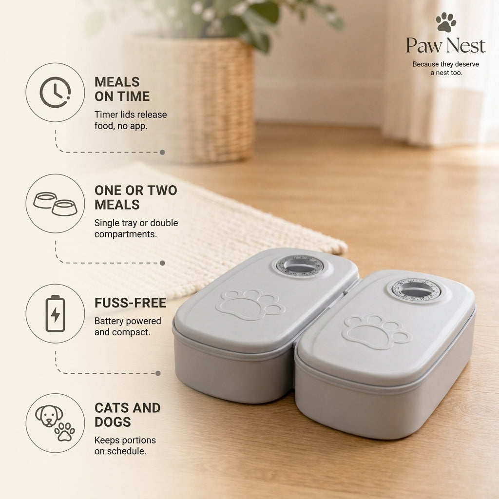 Timed pet feeder benefits: meals on time with analog timer, single or double meals, fuss-free, for cats and dogs