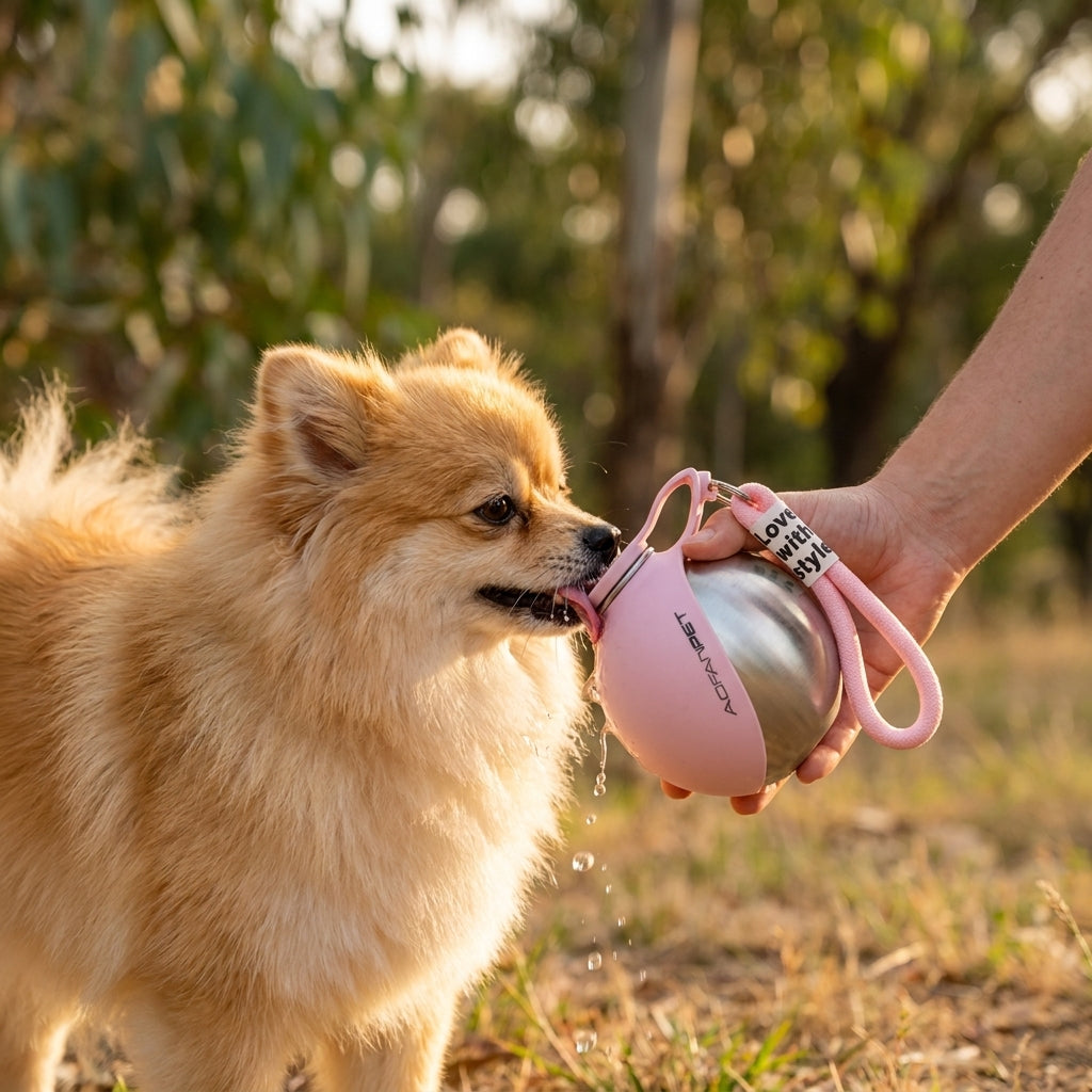 Happy dog drinking from the Paw Nest portable pet water bottle and travel bowl on a sunny walk