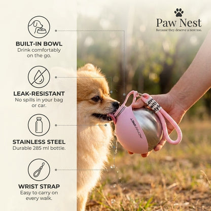 Portable pet water bottle benefits: built-in bowl, leak-resistant, stainless steel, wrist strap