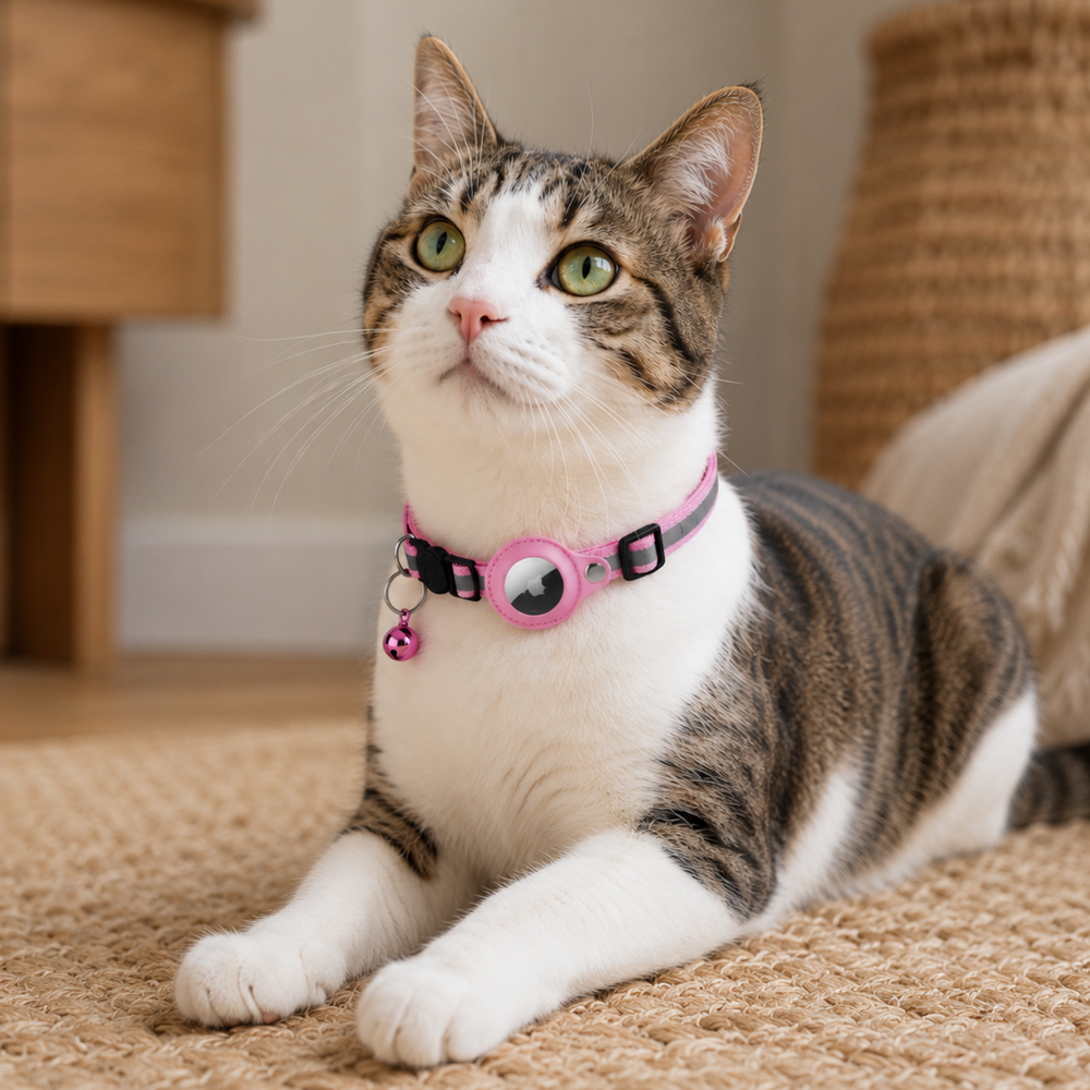 Cat wearing a pink collar with a bell on a carpeted floor.