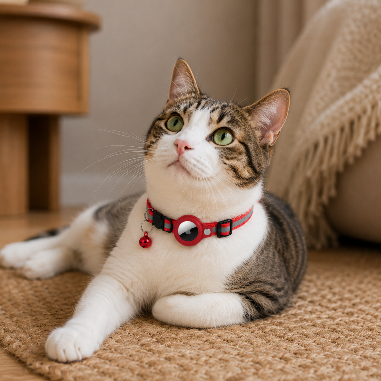 Cat wearing a red collar with a bell on a carpeted floor.