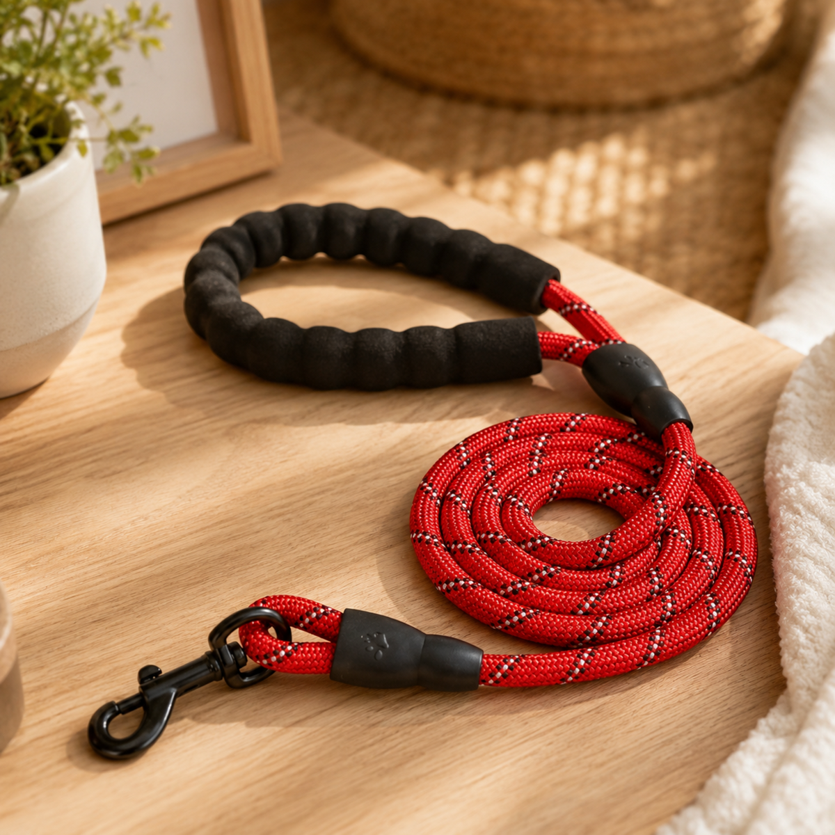 Black and red braided dog leash on a wooden surface with a plant in the background