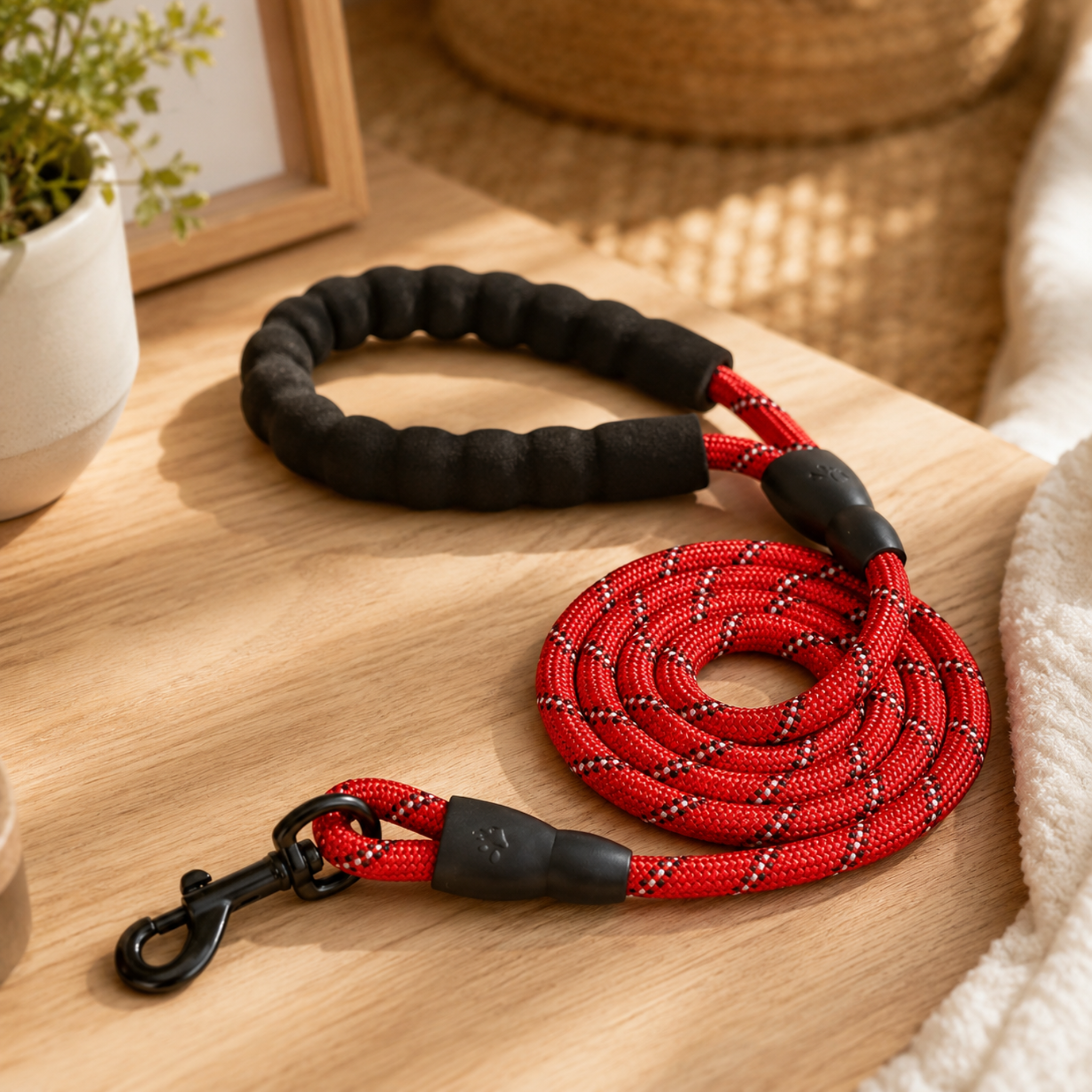 Black and red braided dog leash on a wooden surface with a plant in the background