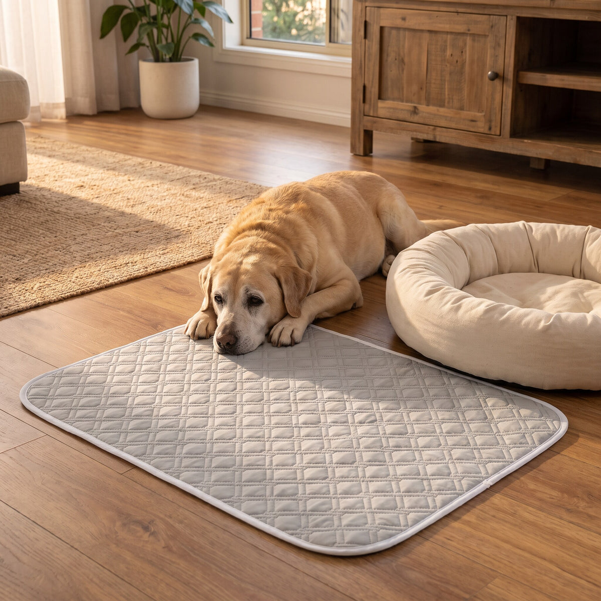 Grey quilted washable dog pee pad on a timber floor beside a dog bed, with an older Labrador resting next to it