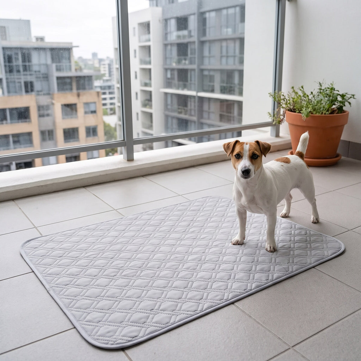 Washable pee pad on an apartment balcony with a small terrier