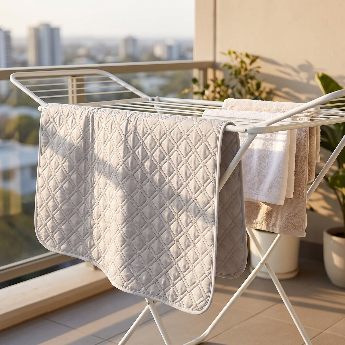 Washable pee pad drying on a clothes airer on a balcony