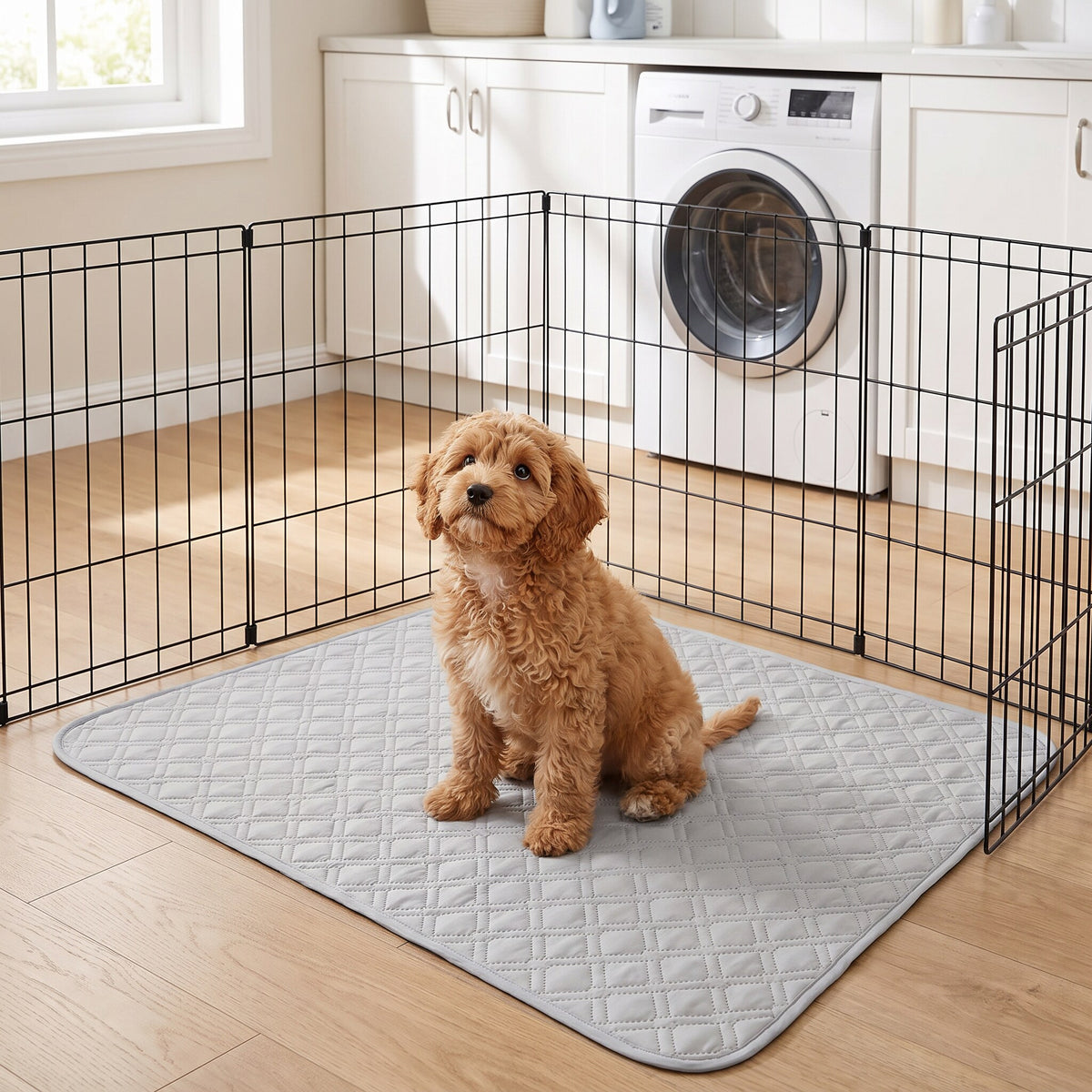 Washable pee pad inside a puppy playpen in a laundry, with a puppy sitting on it