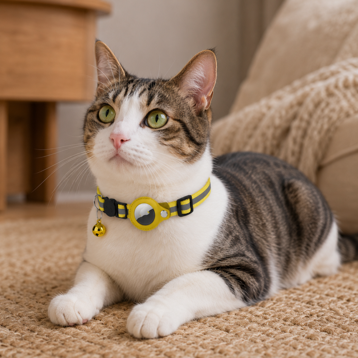 Cat wearing a yellow collar with a bell, sitting on a carpeted floor.