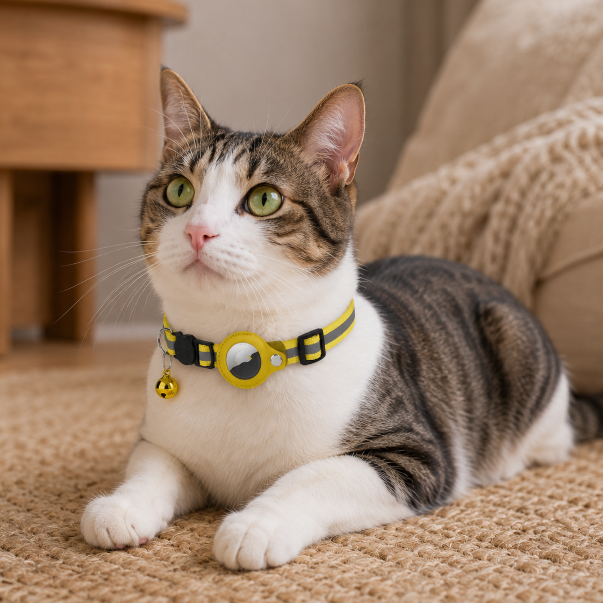 Cat wearing a yellow collar with a bell, sitting on a carpeted floor.